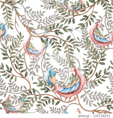 A seamless pattern with stylized birds in a fairytale forest. Watercolor illustration of plants on a white background for interior design, printing on fabric, posters, and home textiles. A seamless pattern with stylized birds in a fairytale forest. Watercolor illustration of plants on a white background for interior design, printing on fabric, posters, and home textiles. 135718252