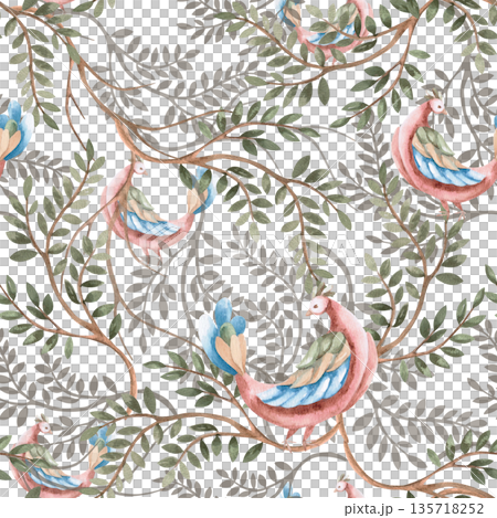 A seamless pattern with stylized birds in a fairytale forest. Watercolor illustration of plants on a white background for interior design, printing on fabric, posters, and home textiles. A seamless pattern with stylized birds in a fairytale forest. Watercolor illustration of plants on a white background for interior design, printing on fabric, posters, and home textiles. 135718252