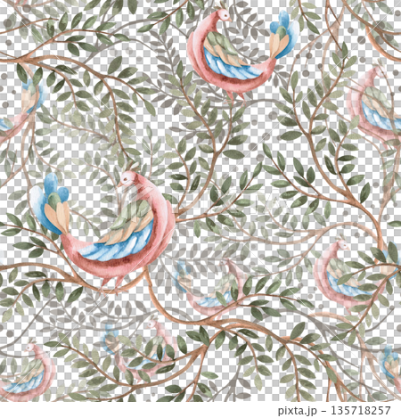 A seamless pattern with stylized birds and layered branches. Watercolor illustration of plants on a dark background for interior design, printing on fabric, posters, and home textiles. A seamless pattern with stylized birds and layered branches. Watercolor illustration of plants on a dark background for interior design, printing on fabric, posters, and home textiles. 135718257