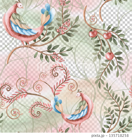 A seamless pattern with stylized birds and layered branches. Watercolor illustration of plants on a pink and green background for interior design, printing on fabric, posters, and home textiles. 135718258