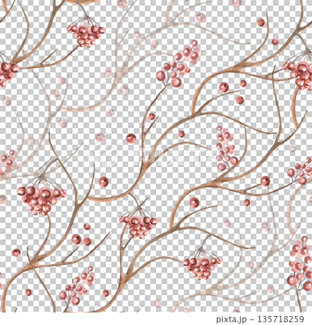 Delicate branches with berries in a seamless pattern. Watercolor illustration of plants on a pink and green background for interior design, printing on fabric, posters, and home textiles. 135718259
