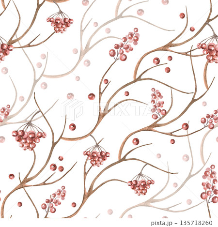 Delicate branches with berries in a seamless pattern. Watercolor illustration of plants on a white background for interior design, printing on fabric, posters, and home textiles. 135718260