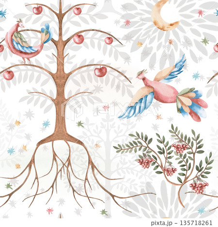 A seamless pattern with stylized fairytale birds, a crescent moon, and trees on a dark background. Watercolor illustration for interior design, printing on fabric, posters, and home textiles. 135718261