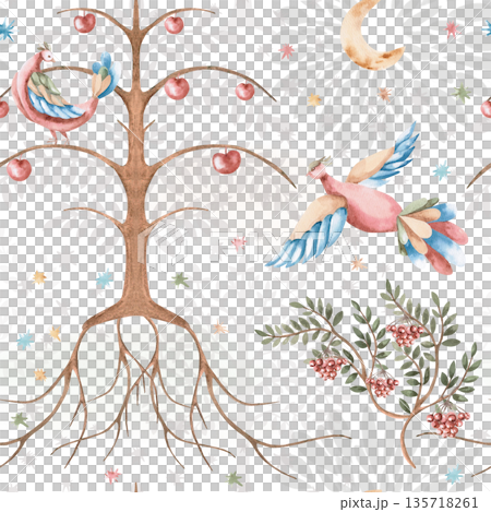 A seamless pattern with stylized fairytale birds, a crescent moon, and trees on a dark background. Watercolor illustration for interior design, printing on fabric, posters, and home textiles. 135718261
