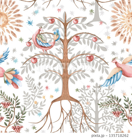 A seamless pattern with stylized fairytale birds, suns, and trees. Watercolor illustration for interior design, printing on fabric, posters, and home textiles. 135718262