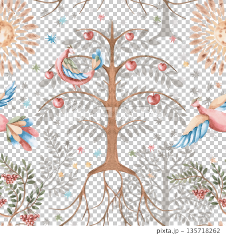 A seamless pattern with stylized fairytale birds, suns, and trees. Watercolor illustration for interior design, printing on fabric, posters, and home textiles. 135718262