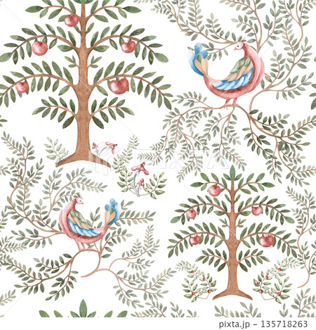 A seamless pattern with stylized fairytale birds and trees. Watercolor illustration for interior design, printing on fabric, posters, and home textiles. A seamless pattern with stylized fairytale birds and trees. Watercolor illustration for interior design, printing on fabric, posters, and home textiles. 135718263