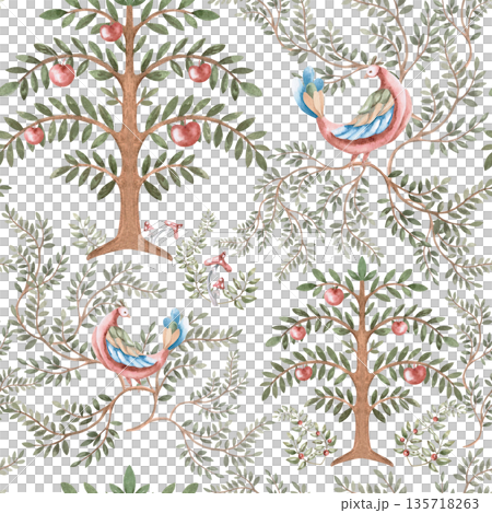 A seamless pattern with stylized fairytale birds and trees. Watercolor illustration for interior design, printing on fabric, posters, and home textiles. 135718263