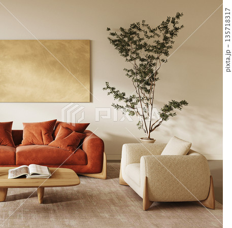 Modern Scandinavian living space with a plush terracotta couch and elegant home accents. 3d render 135718317