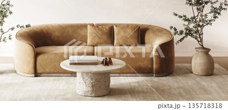 Scandinavian corner with golden velvet sofa and organic elements for a serene space. 3d render Scandinavian corner with golden velvet sofa and organic elements for a serene space. 3d render 135718318