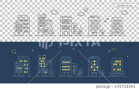 城市景觀向量線條圖示插圖，包含摩天大樓、辦公大樓、復古飯店等。 135718361