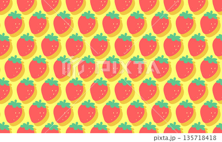 影がついたシンプルな赤いいちごのマークが全面に広がる黄色い背景 135718418