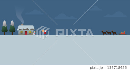 Santa clause bring gift to kid's home located at snowland in Christmas night vector illustration have blank space for any wording or advertisement. 135718426