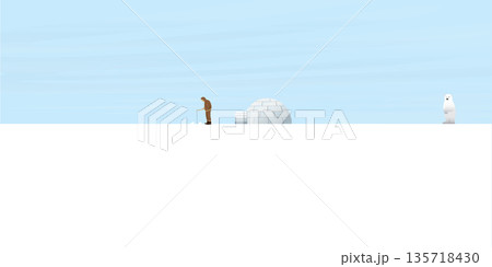 Eskimo fishing in front of igloo in snowland have polar bear looking from faraway flat design vector illustration. 135718430
