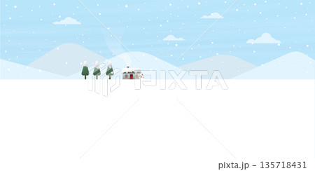 Log cabin, snowman and pines forest have snowfall in snowland flat design vector illustration with blank space. Rural landscape, house and pine trees in winter season. Log cabin, snowman and pines forest have snowfall in snowland flat design vector illustration with blank space. Rural landscape, house and pine trees in winter season. 135718431