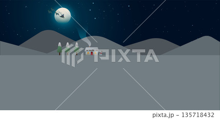Christmas night with log cabin, snowman and pines forest in snowland flat design vector illustration. Christmas greeting card template with blank space. Christmas night with log cabin, snowman and pines forest in snowland flat design vector illustration. Christmas greeting card template with blank space. 135718432