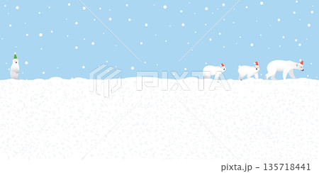 Polar Bear family wearing santa's hat except the last one wearing party hat walking in snowland flat design vector illustration. Merry Christmas and Happy New Year greeting card template have blank Polar Bear family wearing santa's hat except the last one wearing party hat walking in snowland flat design vector illustration. Merry Christmas and Happy New Year greeting card template have blank 135718441