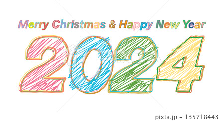 Merry Christmas and Happy New Year 2024 greeting card colorful doodle childish style vector illustration. Merry Christmas and Happy New Year 2024 greeting card colorful doodle childish style vector illustration. 135718443
