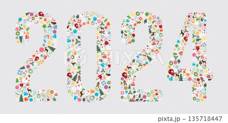 Christmas elements as 2024 on gray background flat design vector illustration. Merry Christmas and Happy New Year greeting card. Christmas elements as 2024 on gray background flat design vector illustration. Merry Christmas and Happy New Year greeting card. 135718447