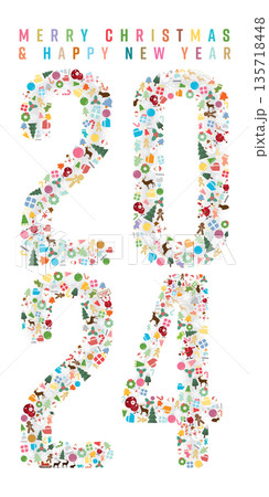 Christmas elements as 2024 on white background vertical shape flat design vector illustration. Merry Christmas and Happy New Year greeting card. 135718448