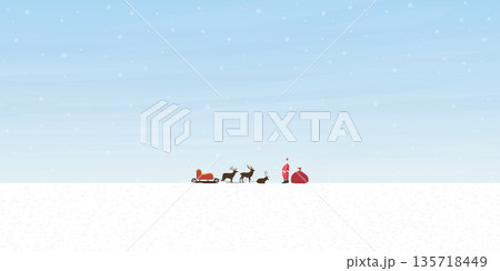 Santa Clause with his reindeers and sleigh before start working in Christmas day flat design vector illustration. Merry Christmas and Happy New Year greeting card. Santa Clause with his reindeers and sleigh before start working in Christmas day flat design vector illustration. Merry Christmas and Happy New Year greeting card. 135718449