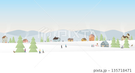 Winter landscape in snowland with people having fun in town vector illustration. Merry Christmas and Happy New Year greeting card template. 135718471
