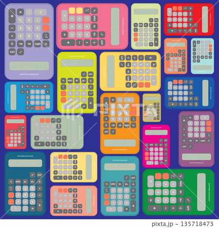 Colorful retro calculators flat design vector illustration on blue background. Colorful retro calculators flat design vector illustration on blue background. 135718473
