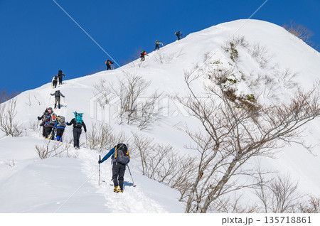 厳冬期の谷川岳天神尾根を登る登山者たち 厳冬期の谷川岳天神尾根を登る登山者たち 135718861