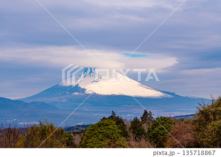 (静岡県)伊豆から眺める笠雲を被った富士山 (静岡県)伊豆から眺める笠雲を被った富士山 135718867