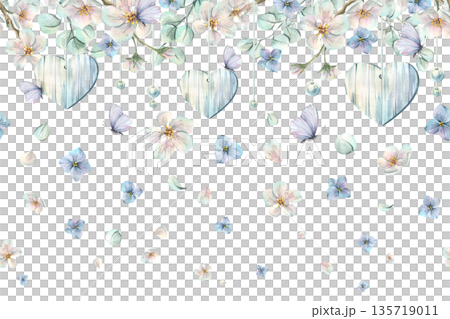 Hanging wooden hearts and beads among apple blossoms and hydrangea with butterflies and eucalyptus. Hand-painted watercolor illustration. Seamless border pattern for spring weddings, holiday designs. 135719011