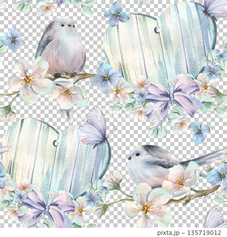 Titmouses and wooden hearts with blossoming apple branches and lilac bows. Hand-drawn watercolor illustration. Seamless pattern for spring holiday and wedding designs. Titmouses and wooden hearts with blossoming apple branches and lilac bows. Hand-drawn watercolor illustration. Seamless pattern for spring holiday and wedding designs. 135719012