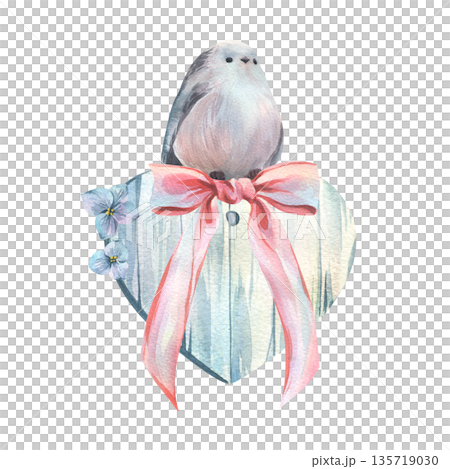 A cute long-tailed tit on a watercolor wooden gift heart with a pink ribbon and forget-me-nots. Hand-drawn illustration for spring cards, design, decor, and prints. A cute long-tailed tit on a watercolor wooden gift heart with a pink ribbon and forget-me-nots. Hand-drawn illustration for spring cards, design, decor, and prints. 135719030