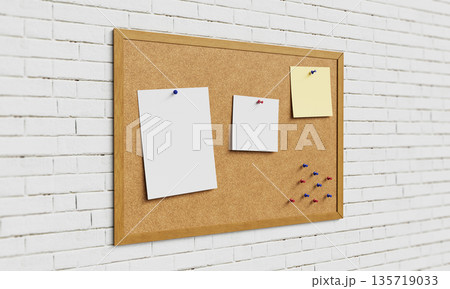 Cork Board with Pushpins and Blank Paper Mock up. 3D Rendering. Cork Board with Pushpins and Blank Paper Mock up. 3D Rendering. 135719033