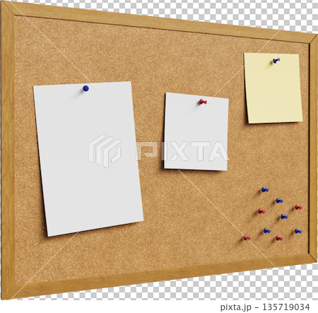 Cork Board with Pushpins and Blank Paper Mock up. 3D Rendering. 135719034