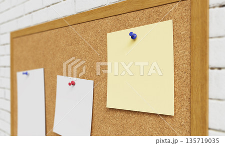 Cork Board with Pushpins and Blank Paper Mock up. 3D Rendering. Cork Board with Pushpins and Blank Paper Mock up. 3D Rendering. 135719035