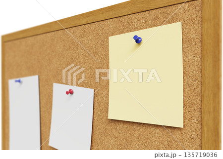 Cork Board with Pushpins and Blank Paper Mock up. 3D Rendering. 135719036