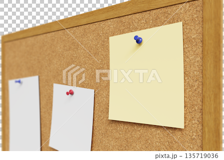 Cork Board with Pushpins and Blank Paper Mock up. 3D Rendering. 135719036