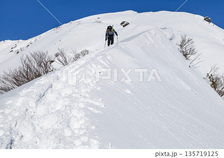 厳冬期の谷川岳天神尾根を登る登山者 135719125