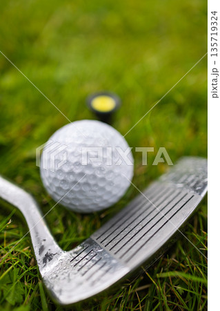 Golf ball and iron club on wet green grass. 135719324