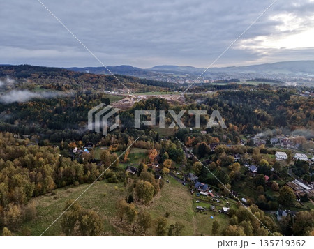 suburban scenery overview, overhead perspective showcasing suburban homes and natural landscapes suburban scenery overview, overhead perspective showcasing suburban homes and natural landscapes 135719362