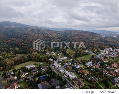 colorful neighborhood street scenes, autumnal aerial view of suburban neighborhoods and surroundings colorful neighborhood street scenes, autumnal aerial view of suburban neighborhoods and surroundings 135719387