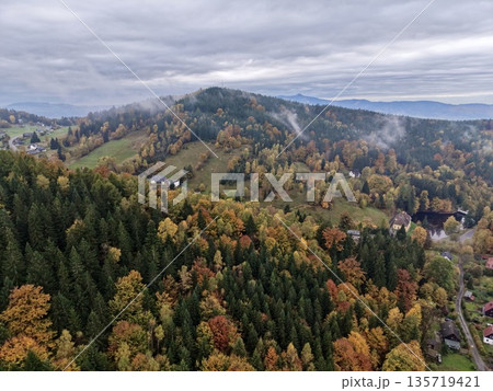 autumn rural scene with farms, expansive countryside featuring seasonal foliage and distant town 135719421