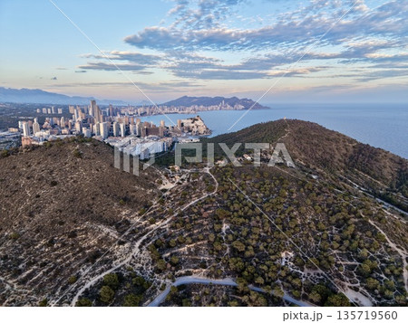coastal development overview, urban and rural landscape mapping, dawn scene showing city and coast coastal development overview, urban and rural landscape mapping, dawn scene showing city and coast 135719560