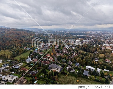 vintage village scenery, old village captured from above with scenic countryside and moody sky 135719621