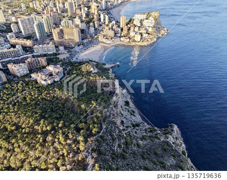 tall cliffs border lush pine covered land, nature and urban landscapes coexist on rugged coastlines 135719636