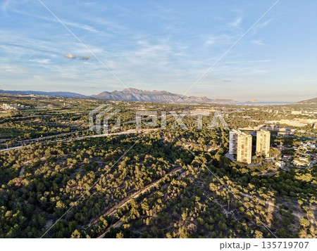metropolitan view showcasing sleek towers set against backdrop of plentiful verdant and leafy surroundings 135719707