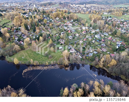 small lakeside community with gardens, overview of cozy lakeside hamlet with surrounding greenery small lakeside community with gardens, overview of cozy lakeside hamlet with surrounding greenery 135719846