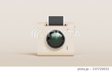 Retro Style Cute Instant Camera with Ejecting Photo. 3D Rendering. Retro Style Cute Instant Camera with Ejecting Photo. 3D Rendering. 135720032