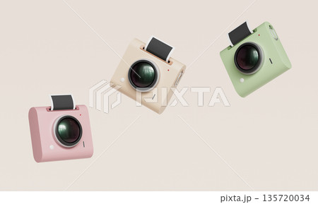 Retro Style Cute Instant Camera with Ejecting Photo. 3D Rendering. Retro Style Cute Instant Camera with Ejecting Photo. 3D Rendering. 135720034