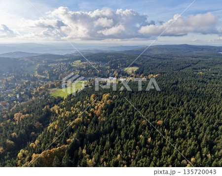 incline pathways amid lush hillside woodlands, panoramic view of valley with vibrant autumn colors 135720043